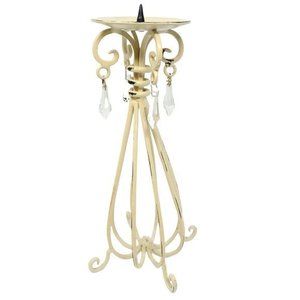 Pillar Candle Holder Metal Ivory Cream Crystals Distressed Shabby Cottage Chic‎